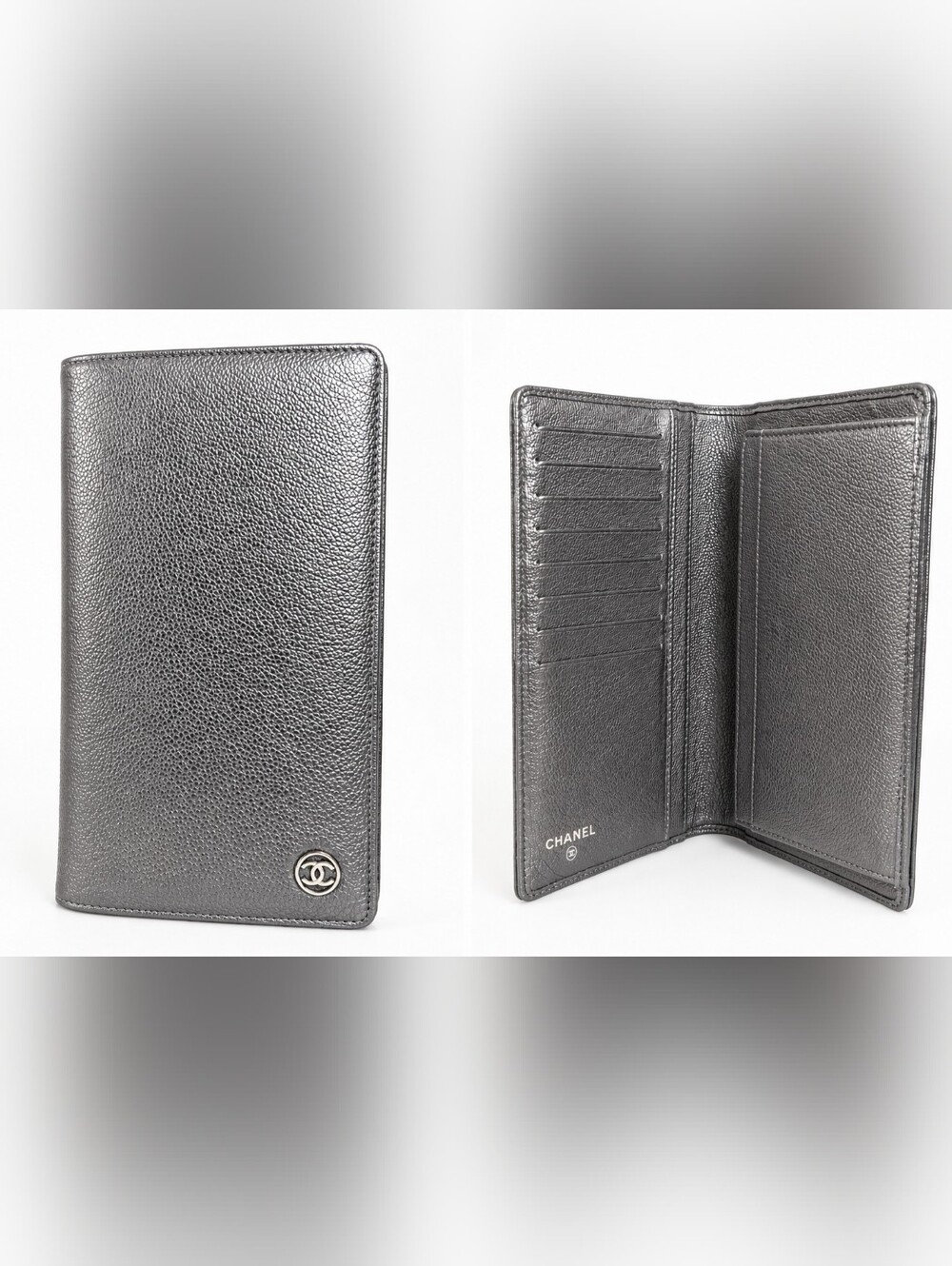 CHANEL Silver Caviar Leather Card Holder Wallet with CC Logo